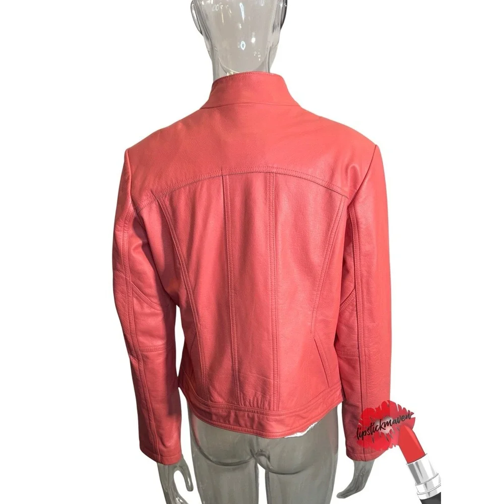 Wilsons Leather Maxima Moto Jacket‎ Womens Large Orange Biker Collarless Zip Up